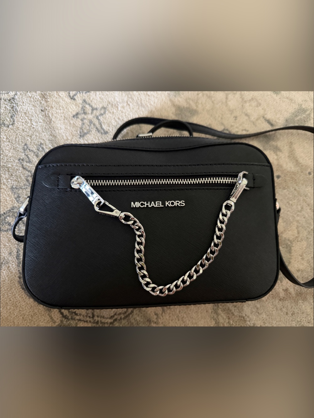 Michael Kors Black Crossbody Camera Bag with Silver Chain